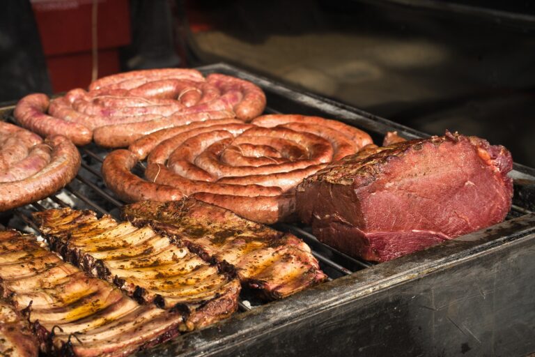 Argentine barbecue, cook preparing grilled meat. Hand holding a brush to oil the meat. Sunny day. Festivity, celebration, banquet.