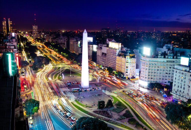 Colorful Aerial view of Buenos Aires and 9 de julio avenue at night - Buenos Aires, Argentina