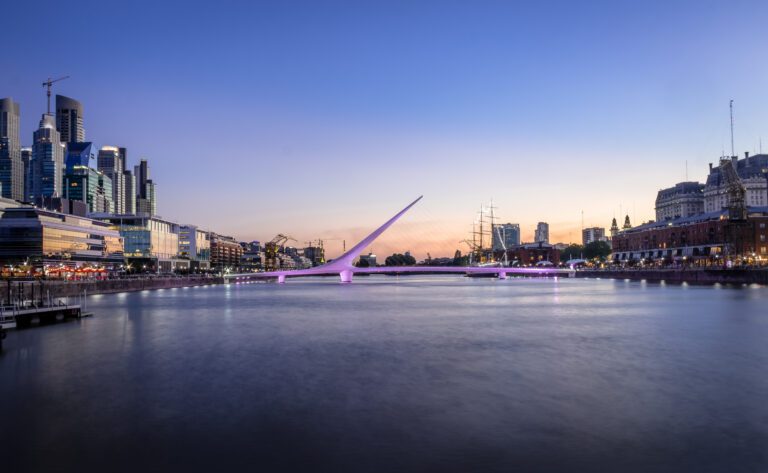 Panoramic view of Puerto Madero and Womens Bridge (Puente de la Mujer) at sunset - Buenos Aires, Argentina